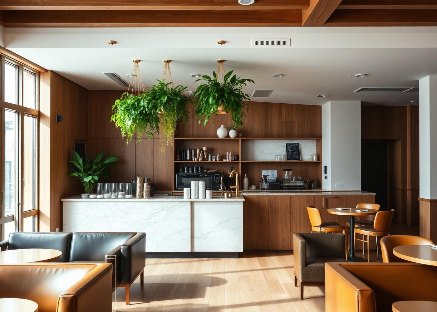 Café interior with marble bar and plants