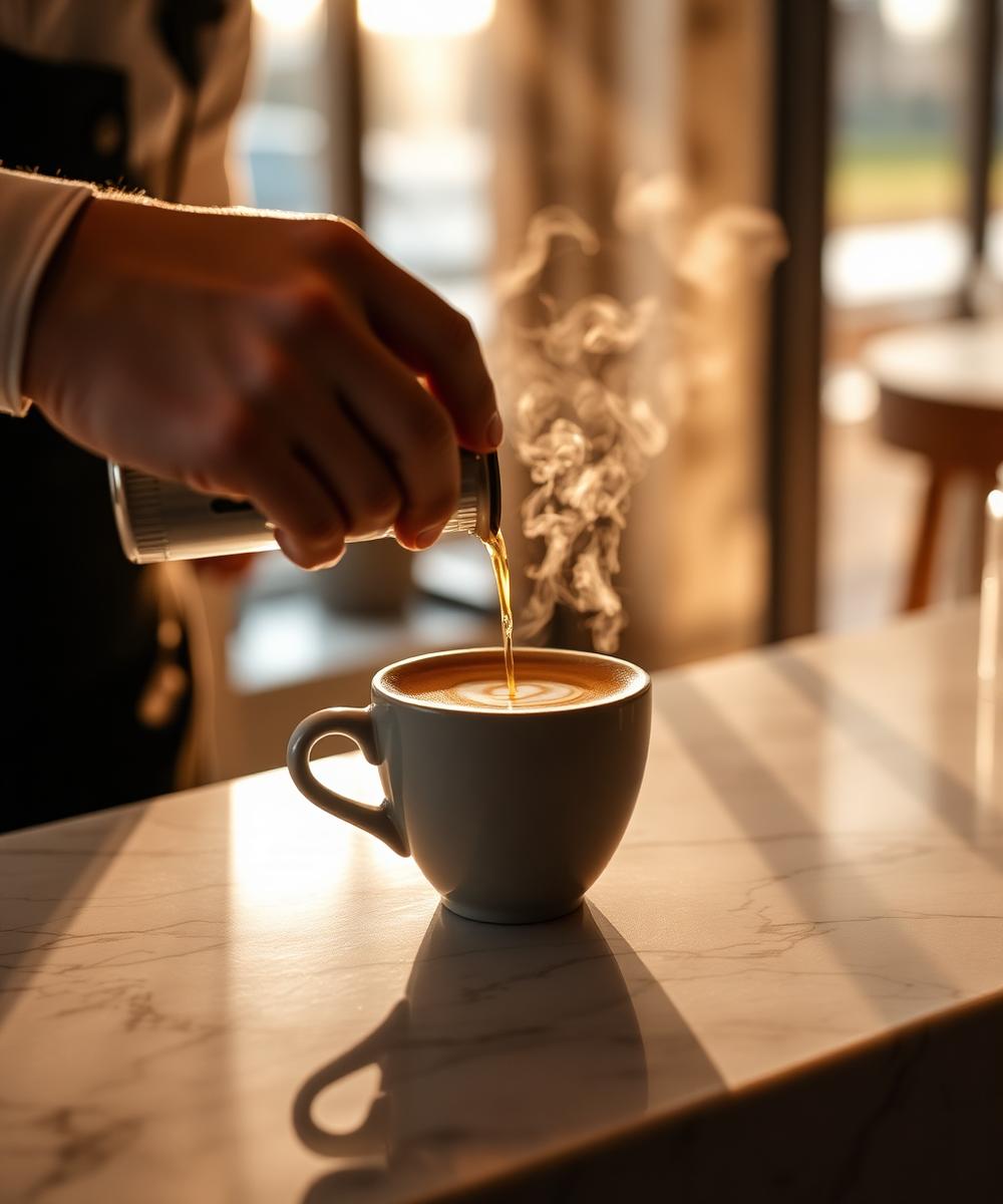 Barista pouring latte on marble counter