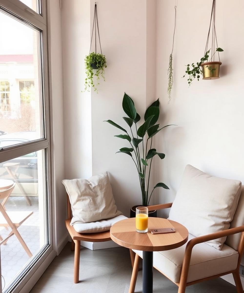 Cozy corner seating with plants and juice